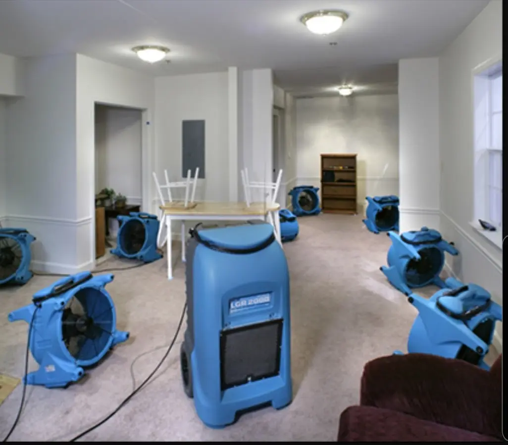 Air movers and dehumidifier setup for Water Damage Restoration in Obetz